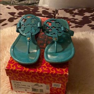 Tory Burch Miller Safiano Turquoise Sandals
